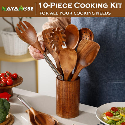10PCS Teak Wooden Utensils Set with Holder & Spoon Rest, Stainless Handle3