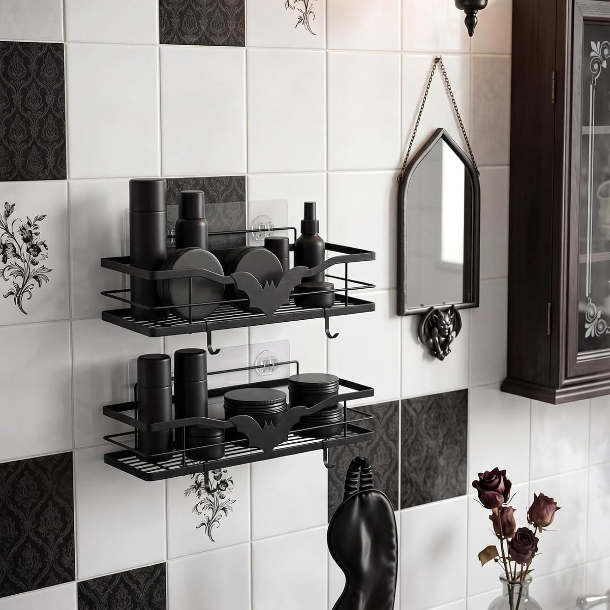 2-pack-black-gothic-bat-shower-caddy-with-4-removable-hooks