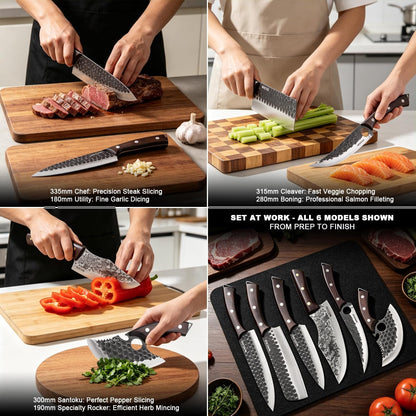6PCS Kitchen Knife Set Kitchen High Carbon Steel Hand Forged Sharp Chef Knives All Purpose for Home and Outdoor Cooking Non Stick Hammer Finish Ergonomic Wood Handle with Leather Sheath - Black4
