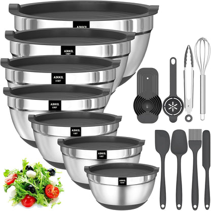 Mixing Bowls with Airtight Lids, 20 Piece Stainless Steel Metal Nesting Bowls, Non-Slip Silicone Bottom, Size 7, 3.5, 2.5, 2.0,1.5, 1,0.67QT Great for Mixing, Baking, Serving (Grey)1