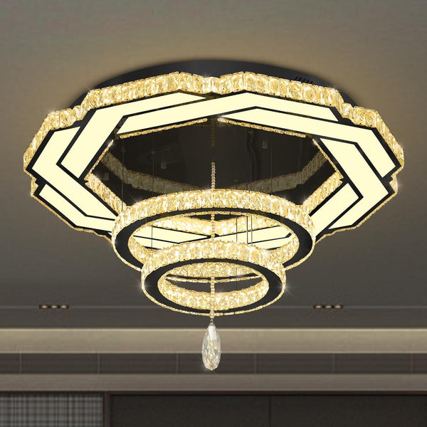 Large Chandelier Dia 40" Black 3 Ring Crystal Chandelier Flush Mount Ceiling Light for Living Room Dining Room Hallway Dimmable LED Celing Lighting5