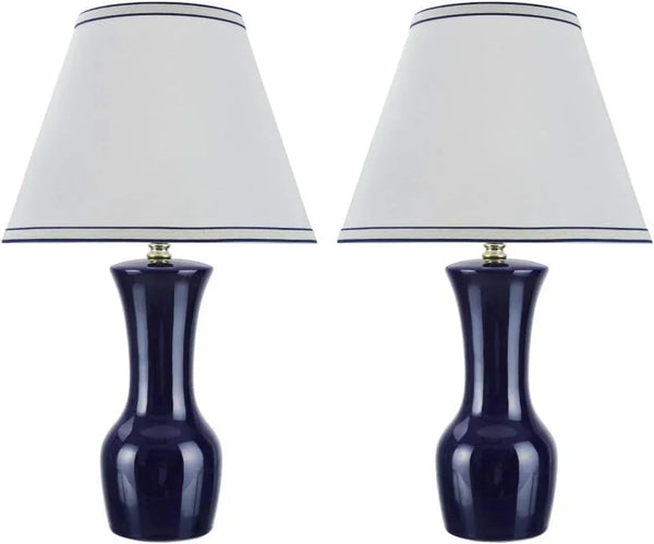 40208-12, Two Pack, 21" High Transitional Ceramic Table, Hardback Empire Shaped Lamp Shade in off White, 12.5" Wide, Dark Blue1
