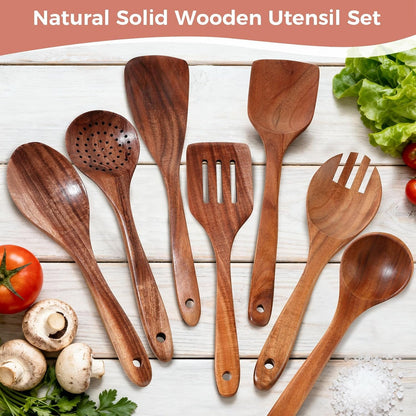 Wooden Spoons for Cooking - 7 Pieces Wooden Kitchen Utensils Set, Smooth Natural Teak Wood Utensil Set, Nonstick Heat-Resistant Cooking Utensils - Lightweight & Sturdy, Wooden Spatula for Cooking8