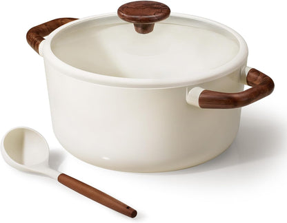 5QT Nonstick Stock Pot with Lid, 5 Quart Casserole with Ladle, Even Heating Stockpot, Fits All Stoves, Non Stick Big Cooking Pots PFOA Free, White1