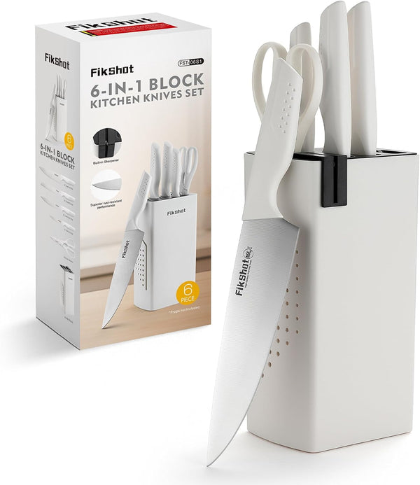 6-Piece Kitchen Knife Block Set, Apartment Essentials Knives | Built-In Sharpener, Dishwasher Safe, High Carbon Stainless Steel Blades, Rust-Resistant – Ideal College Student Gift, White1