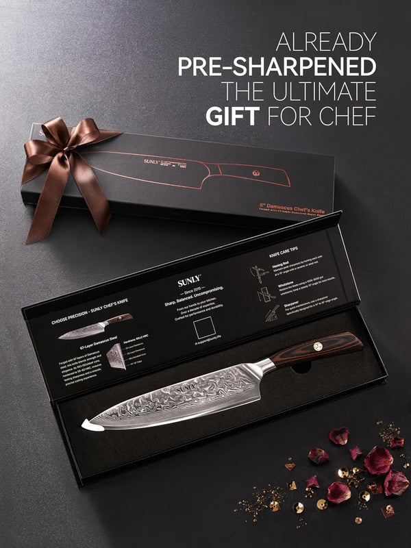 Damascus Chef Knife 8-Inch, Professional Kitchen Knife with Ultra-Sharp 15° Edge, Vg-10-Type (10Cr15Comov) Core, 67-Layer Steel, 60±2 HRC, Ergonomic Wood Handle8