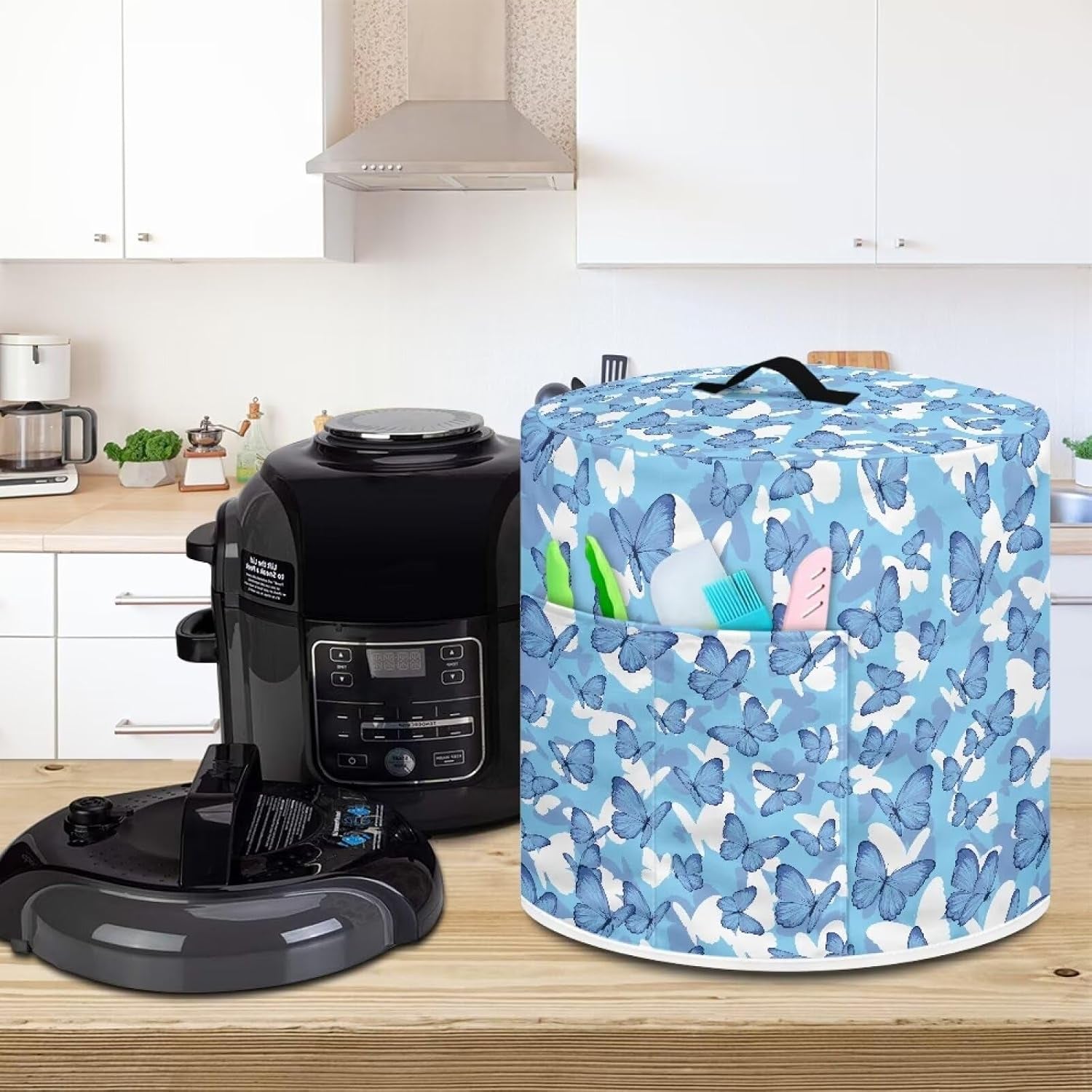 blue-butterfly-rice-cooker-cover-with-handle-pocket-kitchen-small-appliance-protection-cover-for-instant-pot-8-quart-inner-pot-air-fryer-cover-hand-washable