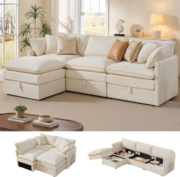 103" Modular Sectional Sofa with Storage, L Shaped Cloud Couch with Movable Ottomans & 4 Pillows, Chenille Deep Seat Sectional Couches for Living Room, Apartment (Beige)1