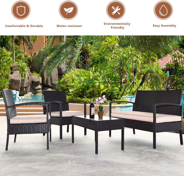 8 PCS Patio Rattan Conversation Furniture Set Cushioned Seat Glass Tabletop7