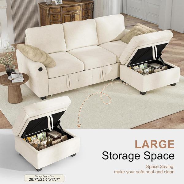81" Sectional Couch with Pull Out Sofa Bed,Chenille Sleeper Sofa with Storage Ottoman & USB Charging,Comfy L Shaped Modular Couches for Living Room,Apartment4