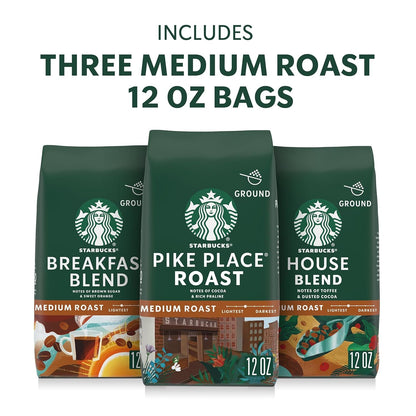Starbucks Ground Coffee Medium Roast Variety Pack, 3 Bags 12 Oz | 100% Arabica Ground Coffee; Medium Roast Variety Pack; 3 Bags, 12 Oz Each (36 Oz Total)2