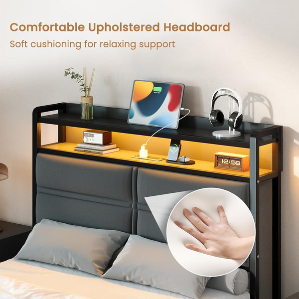 Twin Bed Frame with LED Lights and Charging Station, Dark Grey4