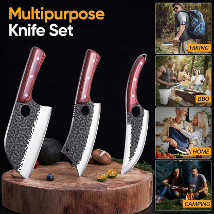 3PCS Hand Forged Butcher Knife Set, Full Tang Viking Kitchen Knives3