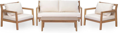 Pablo 4-Seater Patio Furniture Set with Removable Cushion, 4 Piece Outdoor Acacia Wood Conversation Set, Wooden Outdoor Sectional Sofa Set with Coffee Table,Light Teak+Beige4
