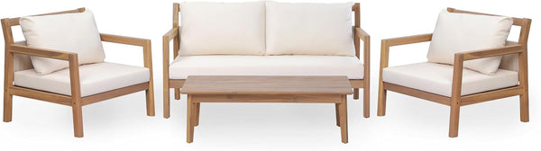 Pablo 4-Seater Patio Furniture Set with Removable Cushion, 4 Piece Outdoor Acacia Wood Conversation Set, Wooden Outdoor Sectional Sofa Set with Coffee Table,Light Teak+Beige4