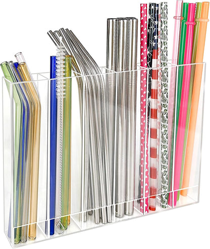 9.6” Large Acrylic Straw Holder for Cabinet Door - 6 Compartments, Easy to Clean, Reusable Tumbler Straw Organizer Storage, Small Kitchen Accessories Container, Ultra Sticky Cupboard Door Mounted1