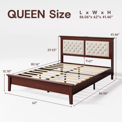 Solid Wood Queen Bed Frame 41.5” Tall Diamond-Tufted Upholstered Headboard, American Classic Flat-Top Bed, Stable Structure, Wood Slats Support, Noise-Free, No Box Spring Needed, Redish Brown2
