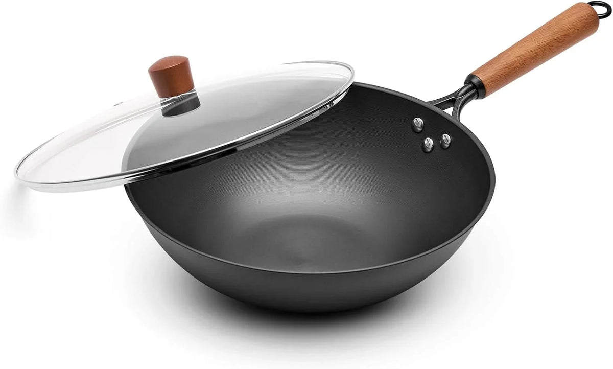 carbon-steel-wok-with-glass-lid-12-6-inch-flat-bottom-stir-fry-pan-rolled-edge-spun-wok-pan-coating-free-wok-for-induction-gas-electric-cooktops-3-4-servings