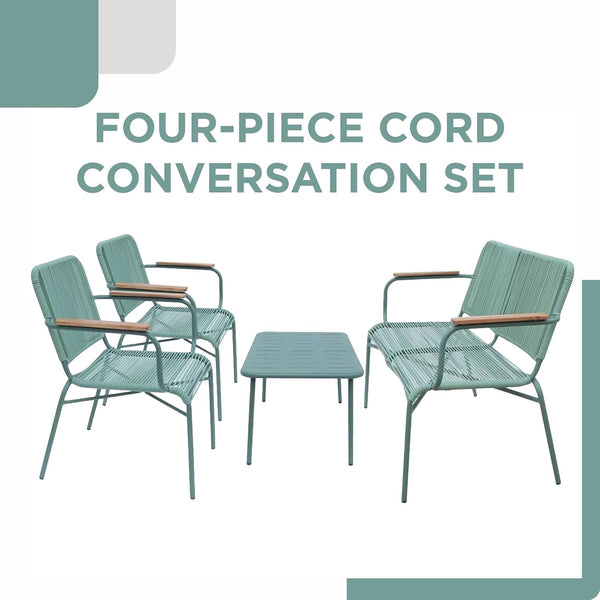 Alpine Corporation VTFAM170A 4-Piece Outdoor Rope Woven Patio Conversation Set – Sofa Bench, 2 Armchairs & Coffee Table – Modern Metal Frame with Wood Armrests – Indoor/Outdoor Seating Set3
