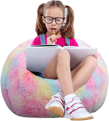 Fluffy Bean Bag Chair for Kids, 2.5FT round Memory Foam Filled Bean Bag for Teens & Kids, Ultra Soft Faux Fur Fabric Bean Bag Chairs for Playroom, Living Room, Bedroom, Rainbow7