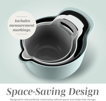 Nesting Plastic Mixing Bowl Set with Pour Spouts and Handles, Mint, 4 Piece Non-Slip4