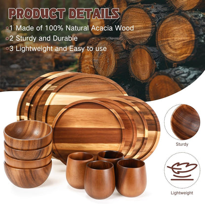 12 Pcs Acacia Wood Dinnerware Set for 44