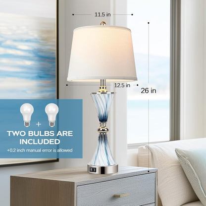 3-Way Dimmable Touch Glass Table Lamps for Bedrooms with 2 USB Ports Set of 2 Coastal Beach Bedside Lamps for Contemporary Modern Night Stand Lamps with 2 LED Bulbs for Lighting Decor7