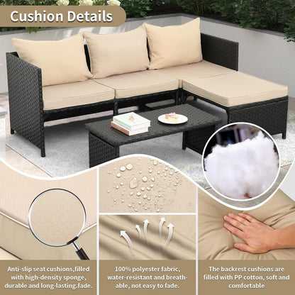 3-Piece Outdoor PE Rattan Furniture Set Patio Black Wicker Conversation Loveseat Sofa Sectional Couch Khaki Cushion6