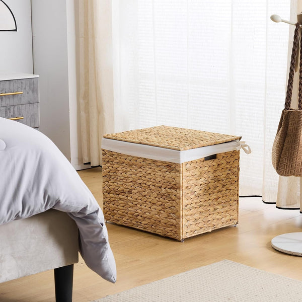 Water Hyacinth Storage Basket with Lid, 21.1 Gallon (80L) Wicker Shelf Basket with Removable Liner, Wicker Storage Basket for Blanket, for Livingroom, Bedroom, Natural3