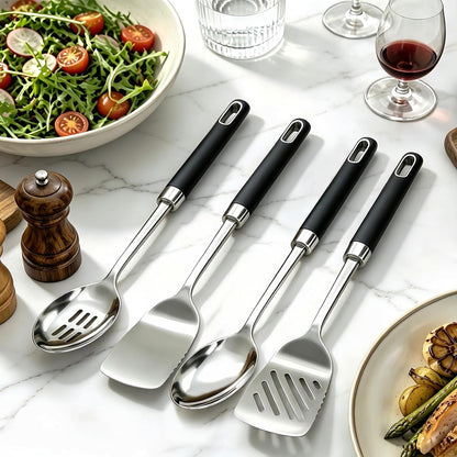 4PCS Stainless Steel Cooking Spatula Spoon Set, Metal Cooking Utensils Set with Anti-Scald Handle, Heat Resistant Kitchen Utensils Set with Turners, Serving Spoon, Ladle, Skimmer, Pasta Server2