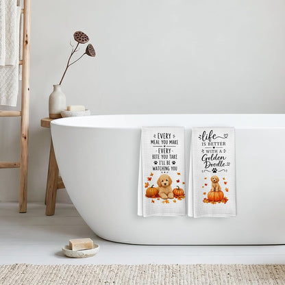 Fall Goldendoodle Pumpkin Kitchen Tea Dish Towels, Farmhouse Autumn Seasonal Dog Pumpkin Dish Towels for Kitchen, Goldendoodle Gifts Hand Towel for Bathroom 16X24In Set of 25
