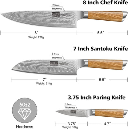 Damascus Kitchen Knife Set 3PCS, Sharp Chef/Santoku/Fruit Knives2