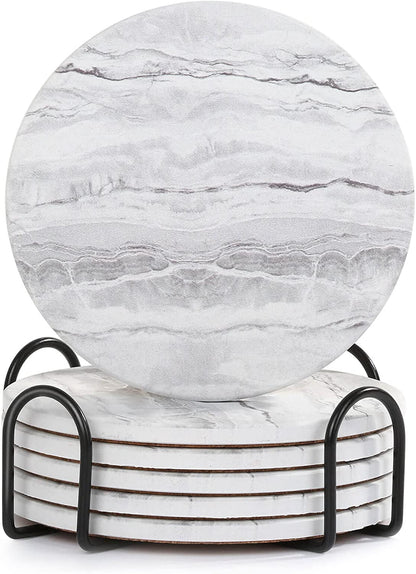 Drink Coasters with Holder for Coffee Table, Absorbent Coaster Set of 6, Marble Style Ceramic Coaster for Wooden Table, Suitable for Kinds of Cups, Home Decor, 4 Inches1