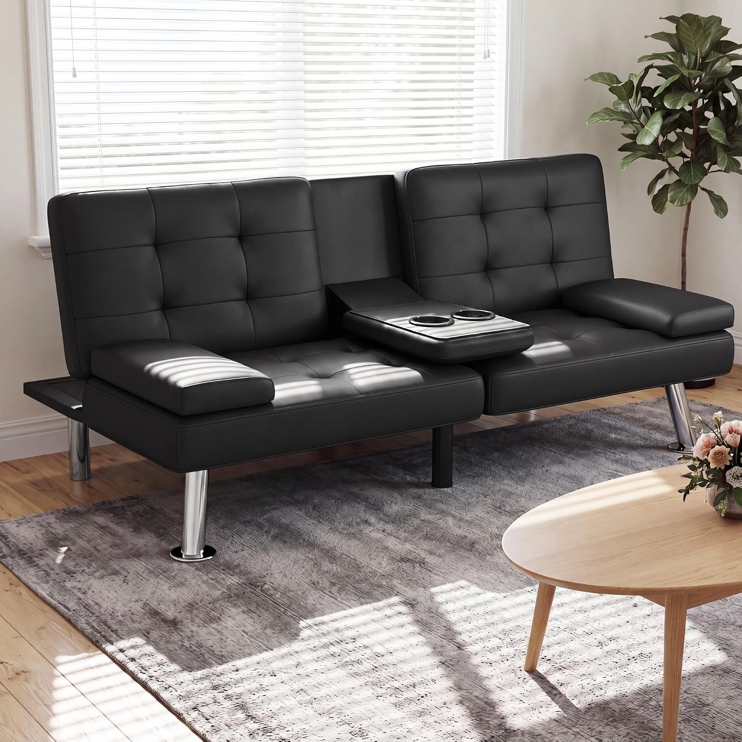 black-faux-leather-futon-sofa-bed-loveseat-with-adjustable-backrest