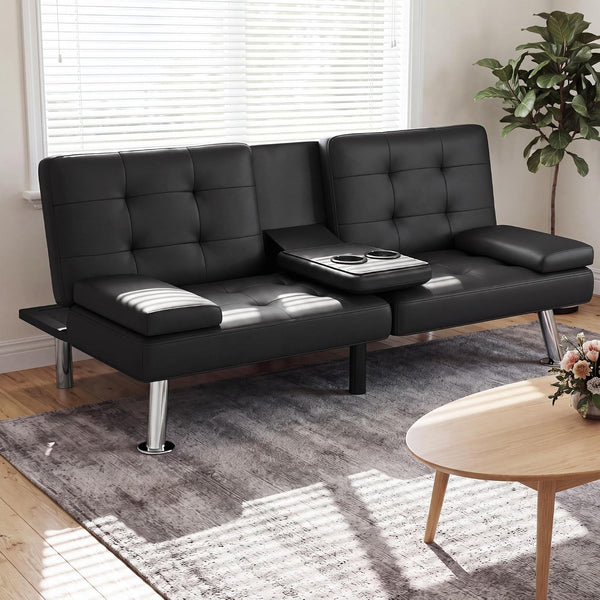 Black Faux Leather Futon Sofa Bed, Loveseat with Adjustable Backrest8
