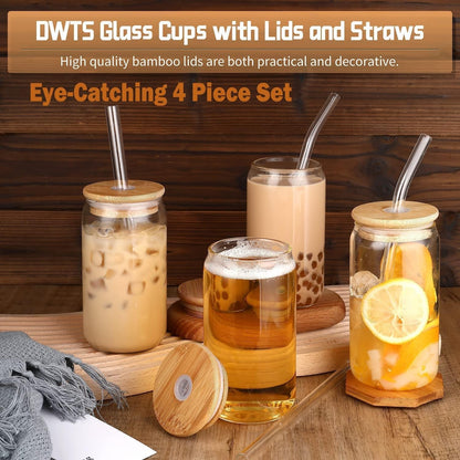 Glass Cups with Lids and Straws 4 Pcs,16Oz Drinking Glasses Set for Coffee Bar Accessories,Iced Coffee Cups with Lids,Matcha Cup Glass Tumbler Reusable for Gifts4