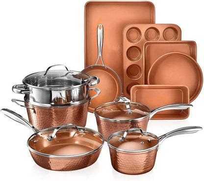 Hammered 15Pc Pots and Pans Set Non Stick Ceramic Cookware Set | Full Bakeware Set and Steamer Included, Induction Compatible, Non Toxic PFOA/PFOS/PTFE Free, Oven and Dishwasher Safe, Copper1