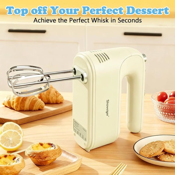 Electric Hand Mixer, 300W Handheld Mixer with 5 Stainless Steel Accessories, 5 Adjustable Speeds + Turbo Boost & Self-Control, One-Button Eject, Food Beater for Cakes, Eggs, Dough (Beige)6