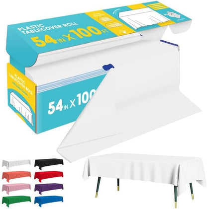 White Plastic Table Cover Roll - 54IN X 100FT, Table Cloth for Rectangle Table with Slide Cutter, Plastic Table Cloth Disposable with Cut-To-Size Design for Weddings, Banquets, Parties | Rectangle Tables, Slide Cutter, Cut-To-Size, Weddings Banquets Parties1