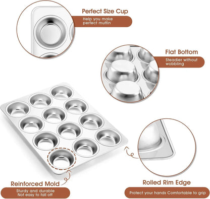 12-Cup Muffin Pan Tin, Stainless Steel Cupcake Pan, 1Pc | Muffin Tin for Oven Baking, Dishwasher Safe, Non-Toxic, Standard Size, Ideal for Homemade Muffin Cup Cake Tart Quiche3