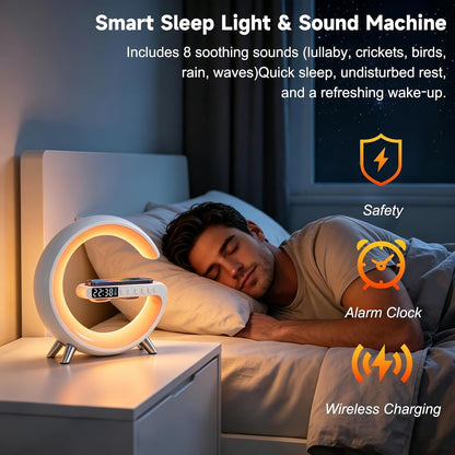 4 in 1 Smart LED Table Lamp, Alarm Clock, Bluetooth Speaker, Wireless Charger, App Control Night Light Bedside Lamp with Fast Charging Station for Bedroom, Home Decor, Family, Teen Girls Boys Gifts5
