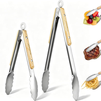 9+12 Inch Stainless Steel Kitchen Tongs for Cooking with Wood Handle, Set of 21