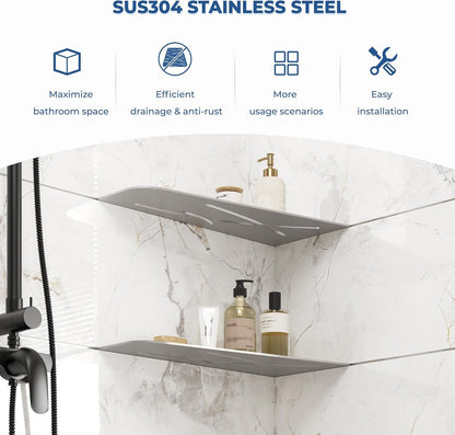 2-Pack 12" Brushed Nickel Recessed Corner Shower Shelf, for Tiled Bathroom Walls, 304 Stainless Steel Floating Shower Shelf, Shower Caddy Storage Shelves, No Drilling Required, Trapezoidal3