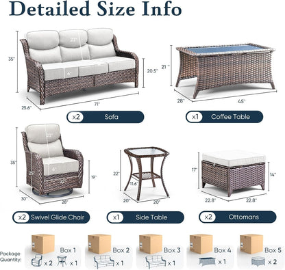 Luxury 6" Thick Cushioned 8 Pieces Patio Furniture Set with Outdoor Couch, Wicker Outdoor Conversation Set with High Back Swivel Rocker Chairs for Deck Porch Yard and Poolside - Brown-Beige2