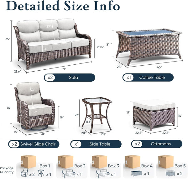 Luxury 6" Thick Cushioned 8 Pieces Patio Furniture Set with Outdoor Couch, Wicker Outdoor Conversation Set with High Back Swivel Rocker Chairs for Deck Porch Yard and Poolside - Brown-Beige2