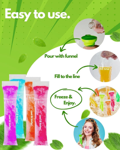 150 Disposable Popsicle Mold Bags with Zip Seals, 8X2" Freezer Tubes for DIY Ice Pops, Yogurt, Juice & Fruit Smoothies - Includes Funnel, Bpa-Free, Ice Pop Molds4