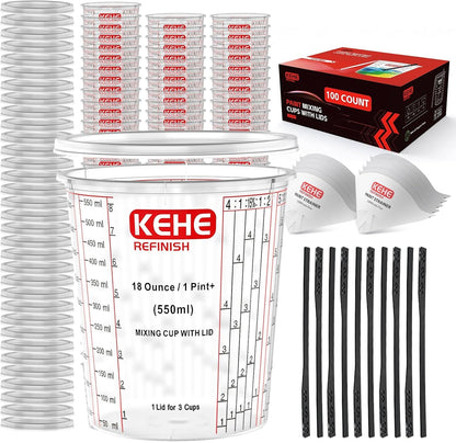 100-Pack Paint Mixing Cups by ,18 Oz (550Ml),Disposable or Reusable Plastic Measuring Cups with Lids for Liquids, Paints, Resin, Epoxy, Art,Ratios 1:1,2:1, 3:1, 4:1,5:1,6:1,8:11