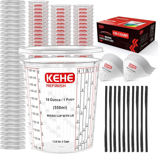 100-Pack Paint Mixing Cups by ,18 Oz (550Ml),Disposable or Reusable Plastic Measuring Cups with Lids for Liquids, Paints, Resin, Epoxy, Art,Ratios 1:1,2:1, 3:1, 4:1,5:1,6:1,8:11