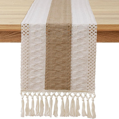 Boho Table Runner with Tassels 72 Inches Long Farmhouse Rustic Table Runner Macrame Burlap Table Decoration for Home Decor Living Room Bridal Shower, Single Striped (12X72 Inches)9