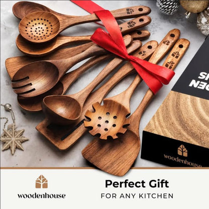 Wooden Spoons for Cooking, 10 Pcs Teak Wood Utensil Set for Nonstick | Durable, Heat Resistant & Food-Safe with Ergonomic Handles –  Kitchen Cookware8